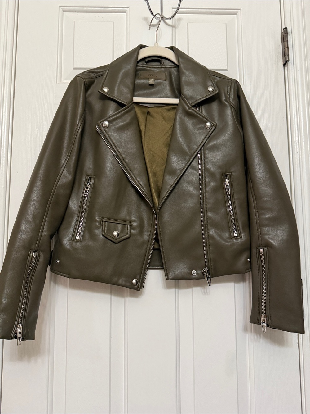 Blank NYC Olive Green Faux Leather Moto Jacket with Silver Hardware